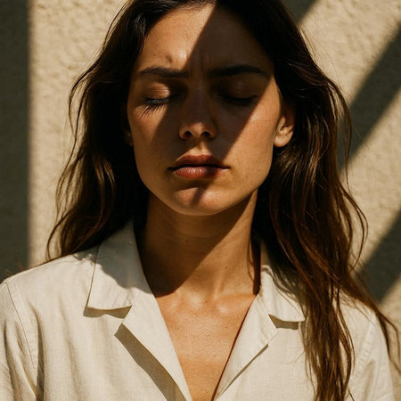 Portrait of a beautiful young brunette woman in a white shirt