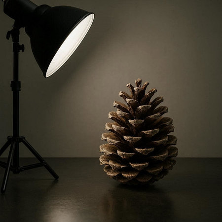 Pine cone in front of a black background with a spotlight.の写真素材