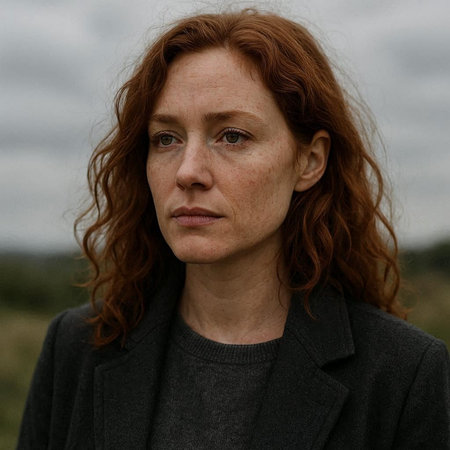 Portrait of a red-haired woman with freckles on her face