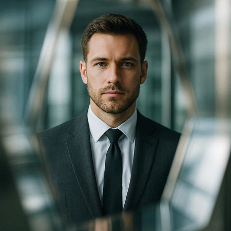 Portrait of serious businessman looking at camera while standing in office lobby