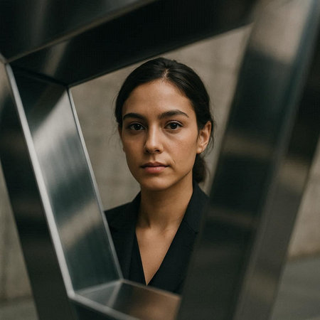Portrait of young businesswoman looking at camera while standing in elevator