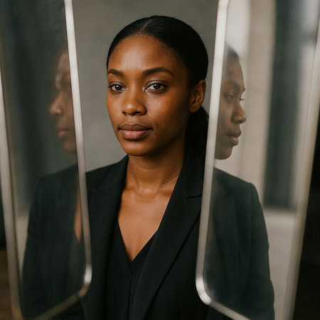 Portrait of a beautiful young African American woman looking at herself in the mirror