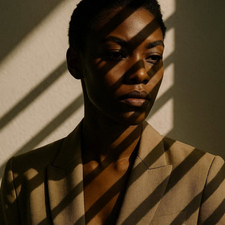 Beautiful african american woman in beige suit with shadows on the wall