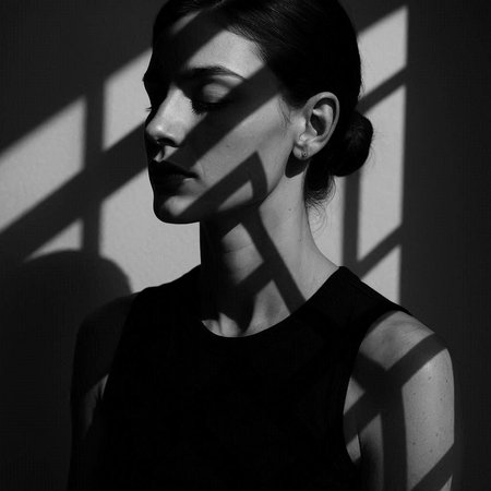 Portrait of a beautiful woman with shadow on the wall. Monochrome.