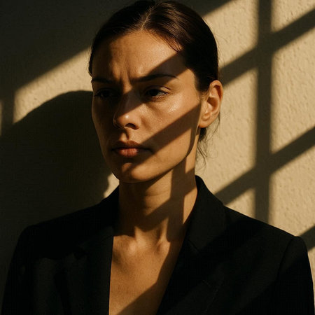 Portrait of a woman in a black coat with shadows on the wall