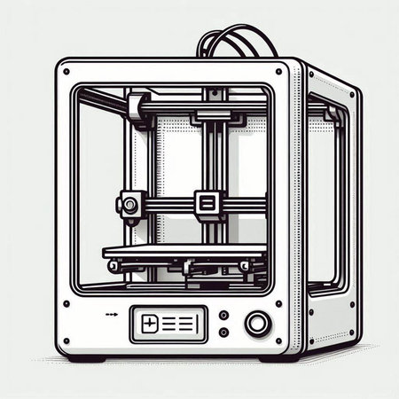 3D printer. Vector illustration of 3d printer in engraving style.