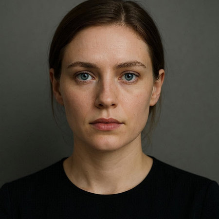 Portrait of a young woman with blue eyes on a gray background