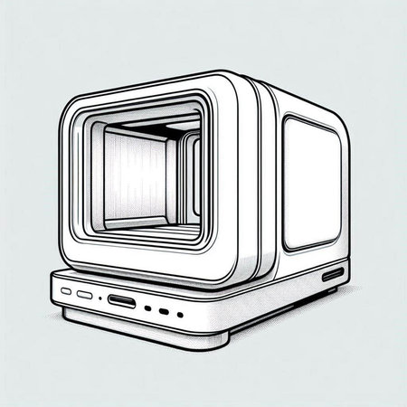 Illustration of an old video camera on a light gray background.