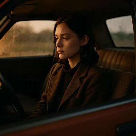 Beautiful young woman in brown coat sitting in the car and looking away