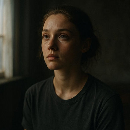 Portrait of a young woman with freckles looking at camera