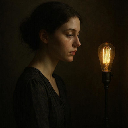 Young woman looking at a lightbulb on a dark background.