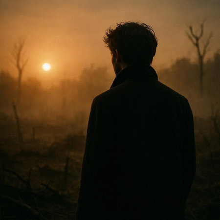 Silhouette of a man in a dark forest at sunset.