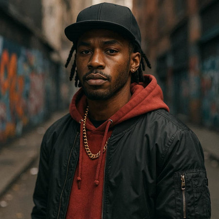 Portrait of a handsome african american man with dreadlocks in a black cap and a red jacketの写真素材