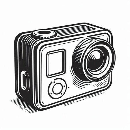 Retro camera in engraving style isolated on white background. Vector illustration.