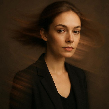 Portrait of a beautiful woman with flying hair on a dark backgroundの写真素材