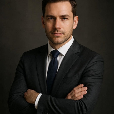 Portrait of a handsome man in a suit on a dark backgroundの写真素材