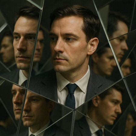 Businessman in front of a mirror wall, looking at the camera