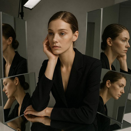 beautiful young woman in black suit looking in mirror in dressing room