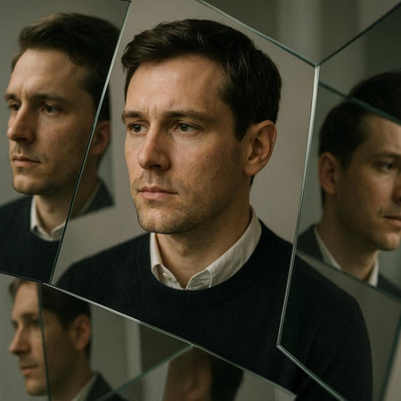 Portrait of a handsome man in front of a mirror with reflection