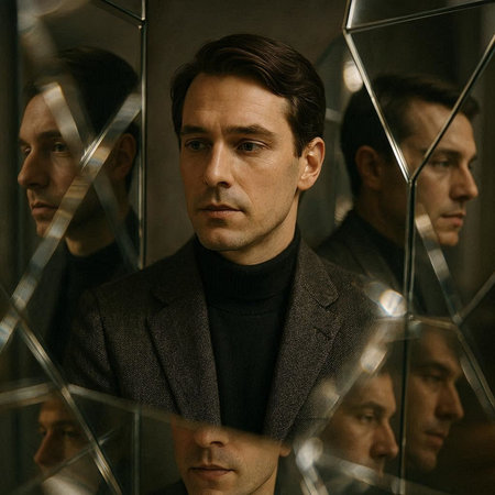 Portrait of a handsome man in front of a mirror. Men's beauty, fashion.の写真素材