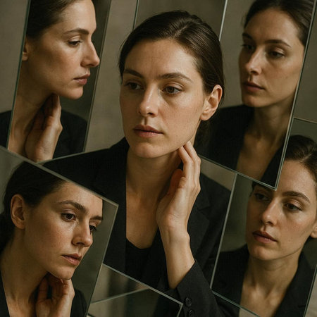 Portrait of beautiful young woman looking at herself in mirror, reflection on the glassの写真素材