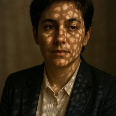 Portrait of a man in a suit with blinds on his face