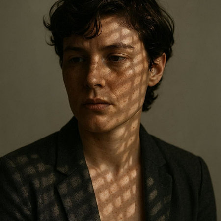 portrait of a young man in a jacket with blinds on his face