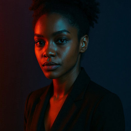 Portrait of a beautiful african american woman in a dark roomの写真素材