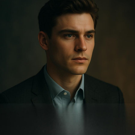 Portrait of a handsome young man in a business suit on a dark background.の写真素材