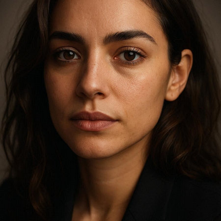 Portrait of a beautiful brunette woman in a black suit.の写真素材