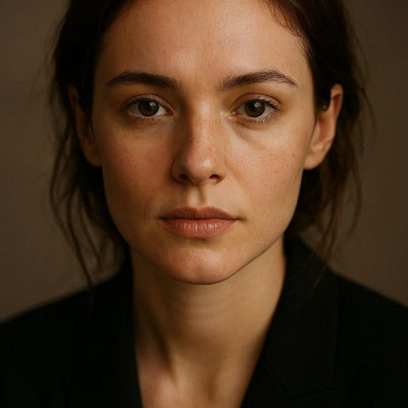 Close-up portrait of a beautiful brunette woman in a black jacketの写真素材