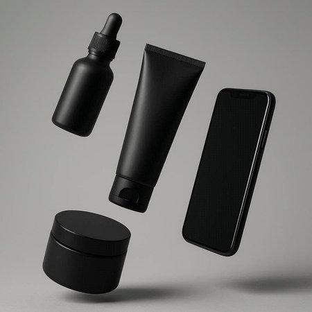 Mockup of black cosmetic products on gray background. 3d rendering