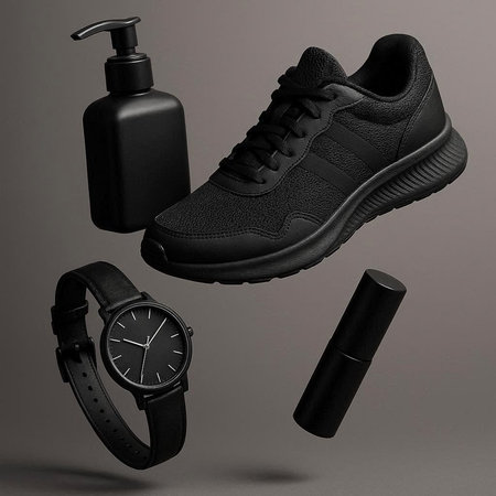 Black sneakers, wristwatch, sanitizer and perfume on gray background