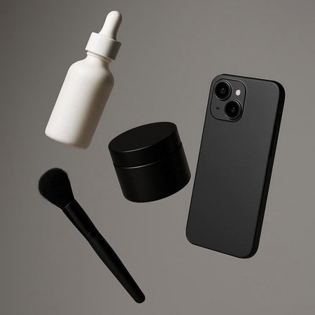Black smartphone with cosmetic products on a gray background. 3d rendering