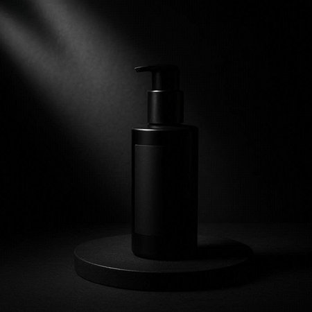 Black cosmetic bottle on black background. 3D illustration. Mock up.の写真素材