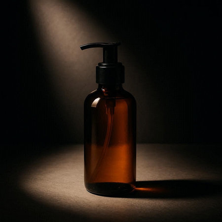 bottle of liquid soap on a black background with a beam of light