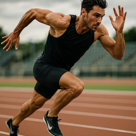 Athletic man in black sportswear running on track