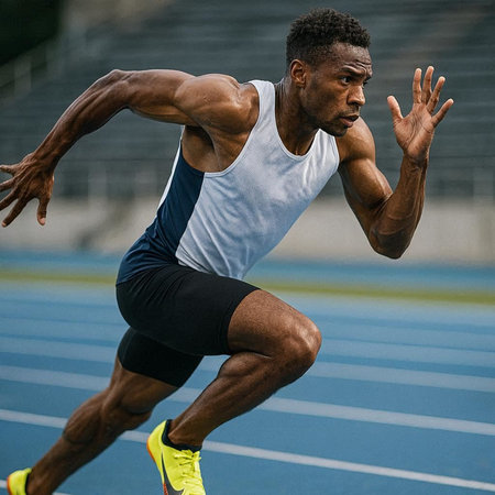 young african american male athlete sprinting on track and field