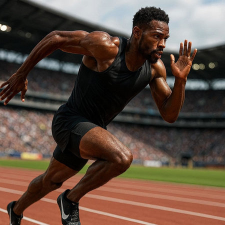 African american male athlete running on track and field against stadium.