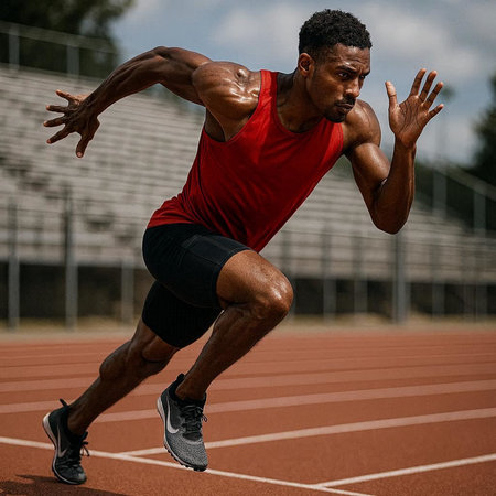 Young african american man in sportswear running on track.