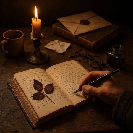 Man's hand writing in an old book on a wooden table.