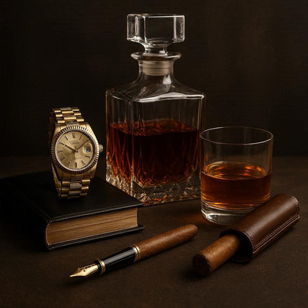 Vintage still life with cognac, cigar and watch on black background