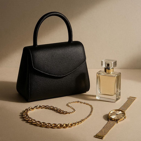 Black leather bag, perfume bottle and golden chain on beige background
