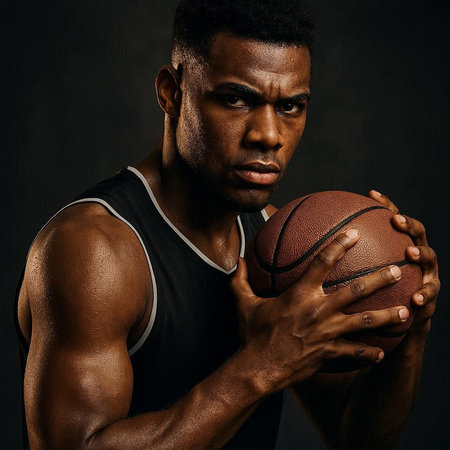 Handsome african american man with basketball ball on dark background
