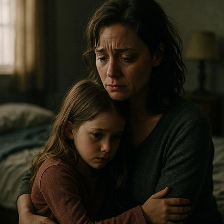 Sad mother and daughter sitting on the bed at home. Family problems.