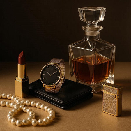Bottle of perfume, watch and pearls on a brown background