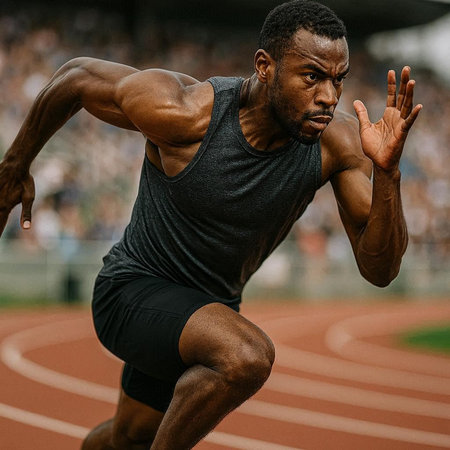 African american male athlete running on track and field at stadium.