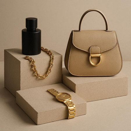 Women's luxury accessories on a beige background. Fashionable concept.