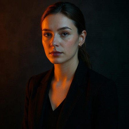 Portrait of a young woman in a black suit on a dark background