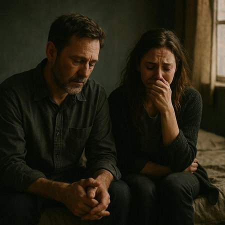 Portrait of a sad man and woman sitting on the floor in the roomの写真素材